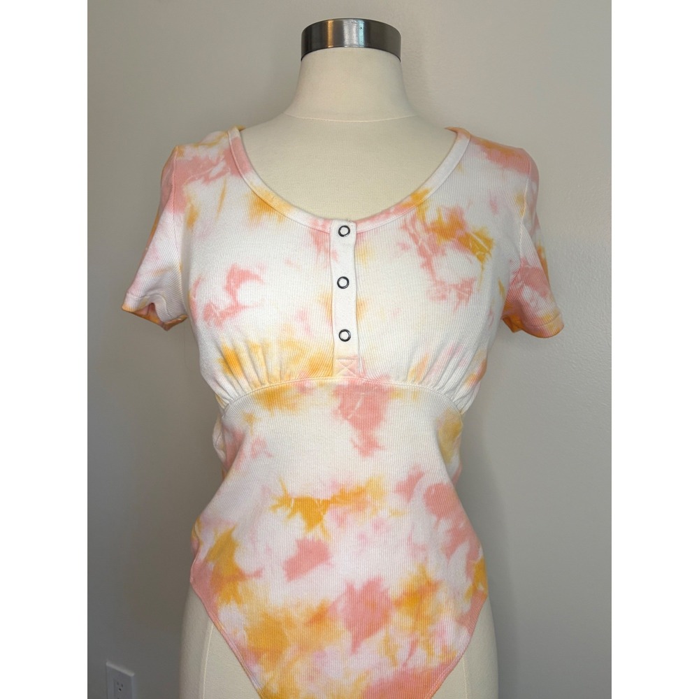 Aerie Womens Pink Orange Tie Dye Ribbed Henley Bodysuit Short Sleeve XL Boho